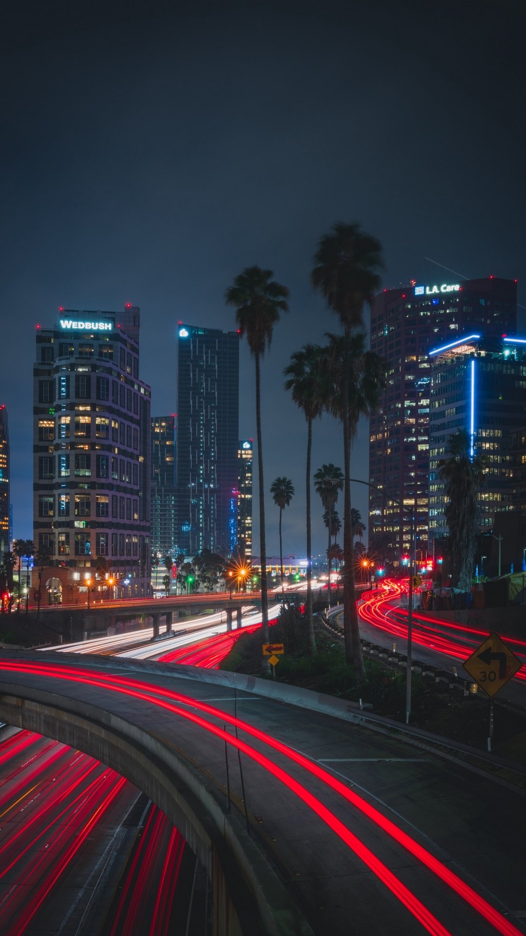 Download Time Lapse Palm Tree Light Road Night Man Made City Phone Wallpaper