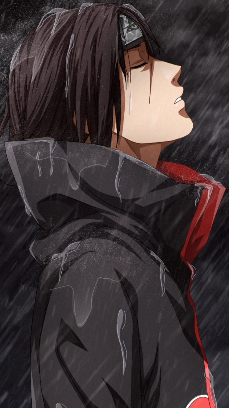 Itachi Uchiha from Naruto stands in the rain with eyes closed, wearing his Akatsuki cloak, captured in a phone wallpaper designed for iPhones and Android devices.