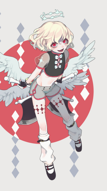 smile red eyes wings axe blonde short hair Anime angel anime angel Phone Wallpaper