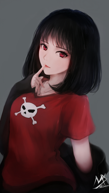 Anime-style original artwork of a girl with short black hair and red eyes, wearing a red shirt with a skull design, designed as a phone wallpaper for iPhones and Android devices.