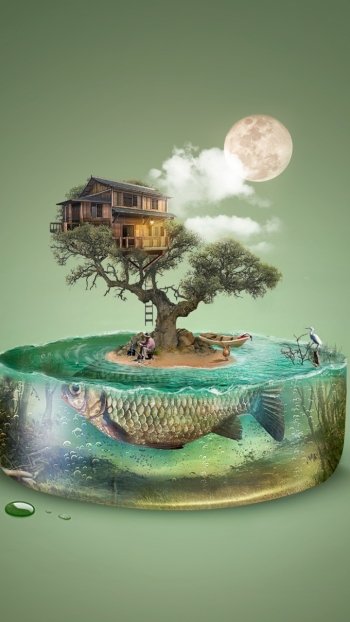 underwater house island fish tree artistic surreal Phone Wallpaper