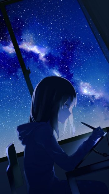 Anime-style original artwork of a girl drawing by a window with a starry night sky, designed as a phone wallpaper compatible with iPhones and Android devices.