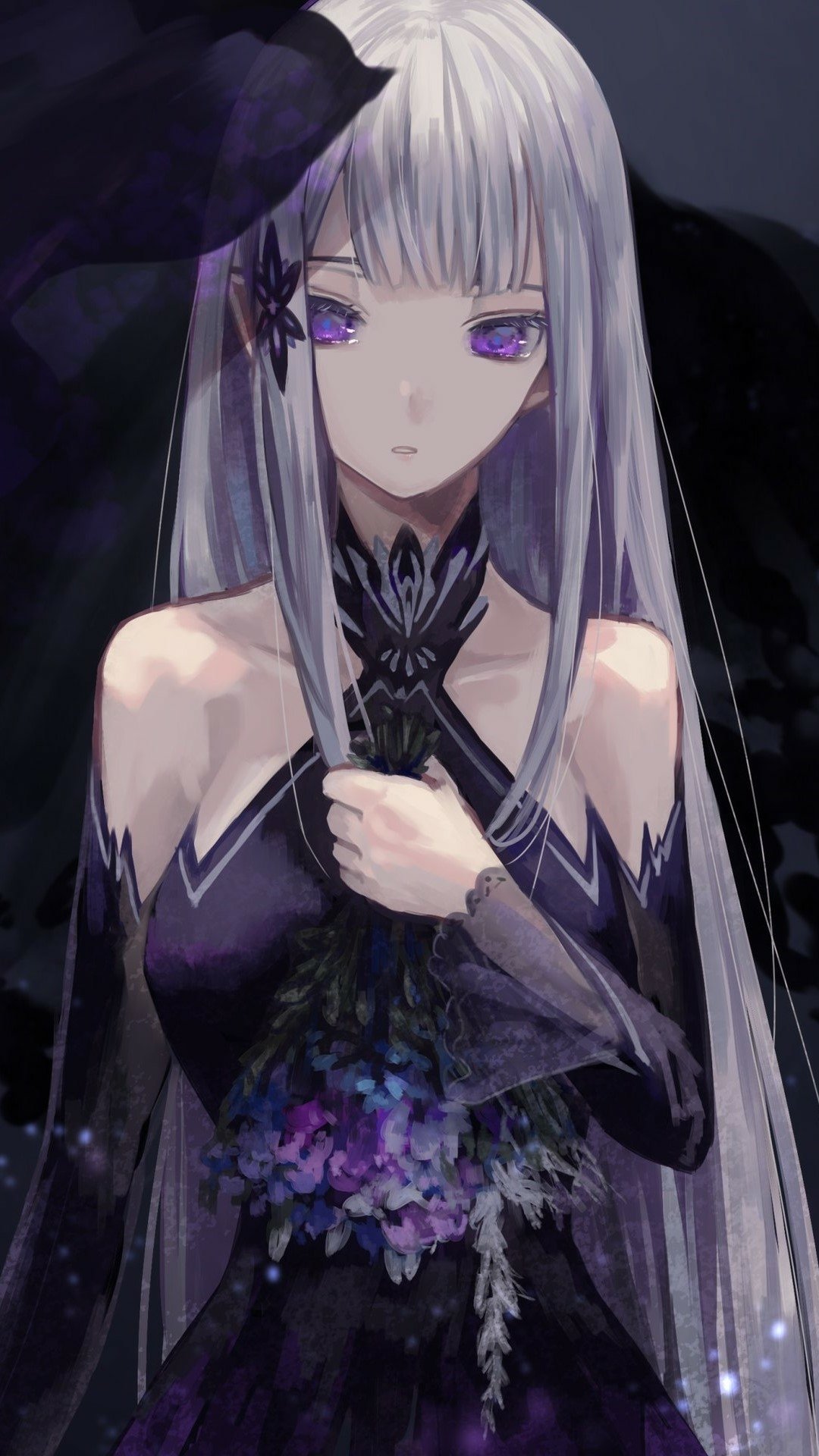 Phone wallpaper featuring Satella from Re:Zero – Starting Life in Another World, designed for both iPhone and Android with a dark, elegant anime aesthetic.