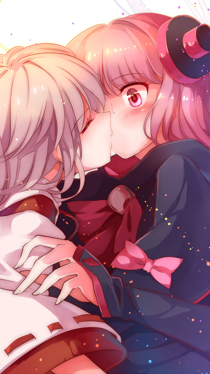 Download Short Hair Pink Hair White Hair Kiss Anime Original Phone Wallpaper