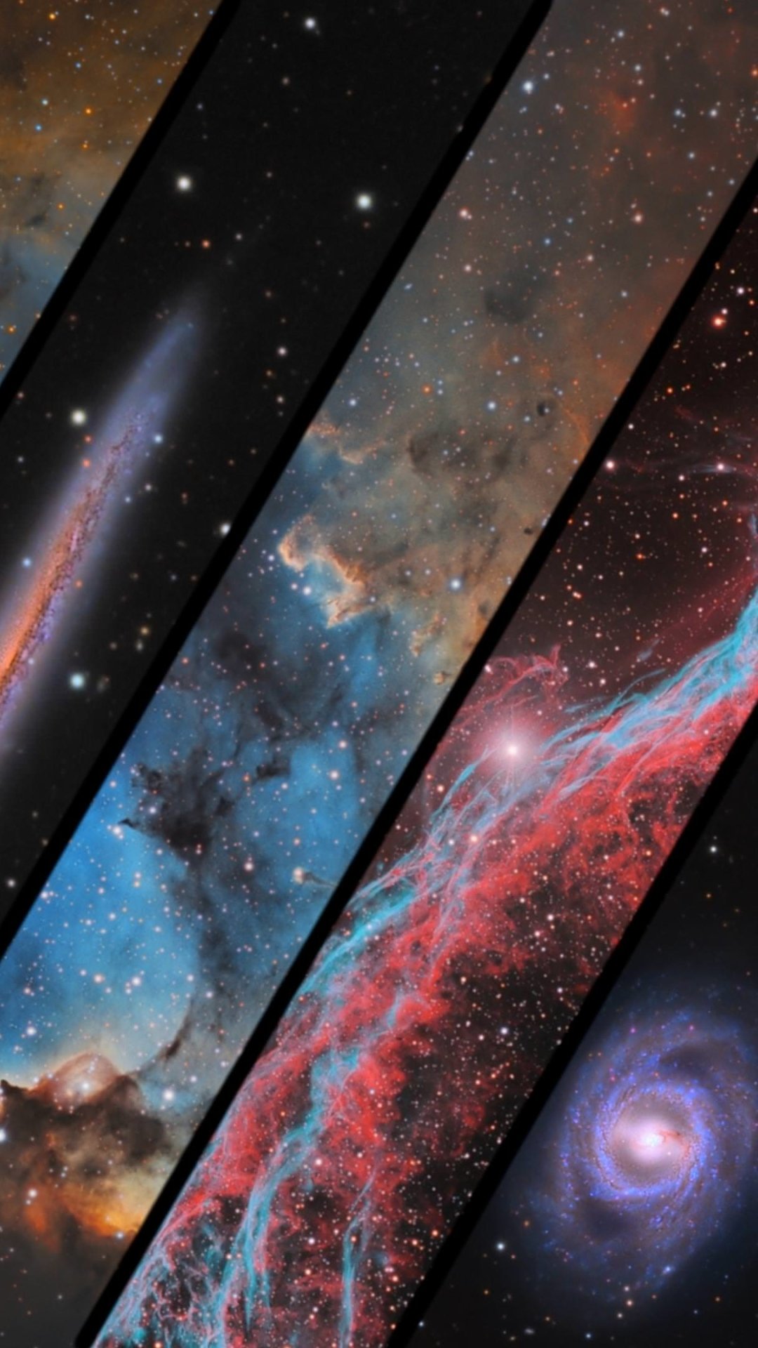 Sci‑fi space phone wallpaper with diagonal panels of colorful nebulae, glowing stars, red and blue gas clouds, and a spiral galaxy forming a deep cosmic vista.