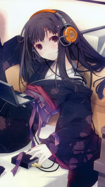 brown eyes blush black hair kimono long hair Anime headphones Phone Wallpaper