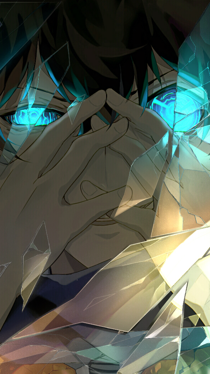 Anime phone wallpaper of Leonardo Watch from Blood Blockade Battlefront, close-up as his hands frame glowing blue eyes through fractured glass shards with moody lighting.