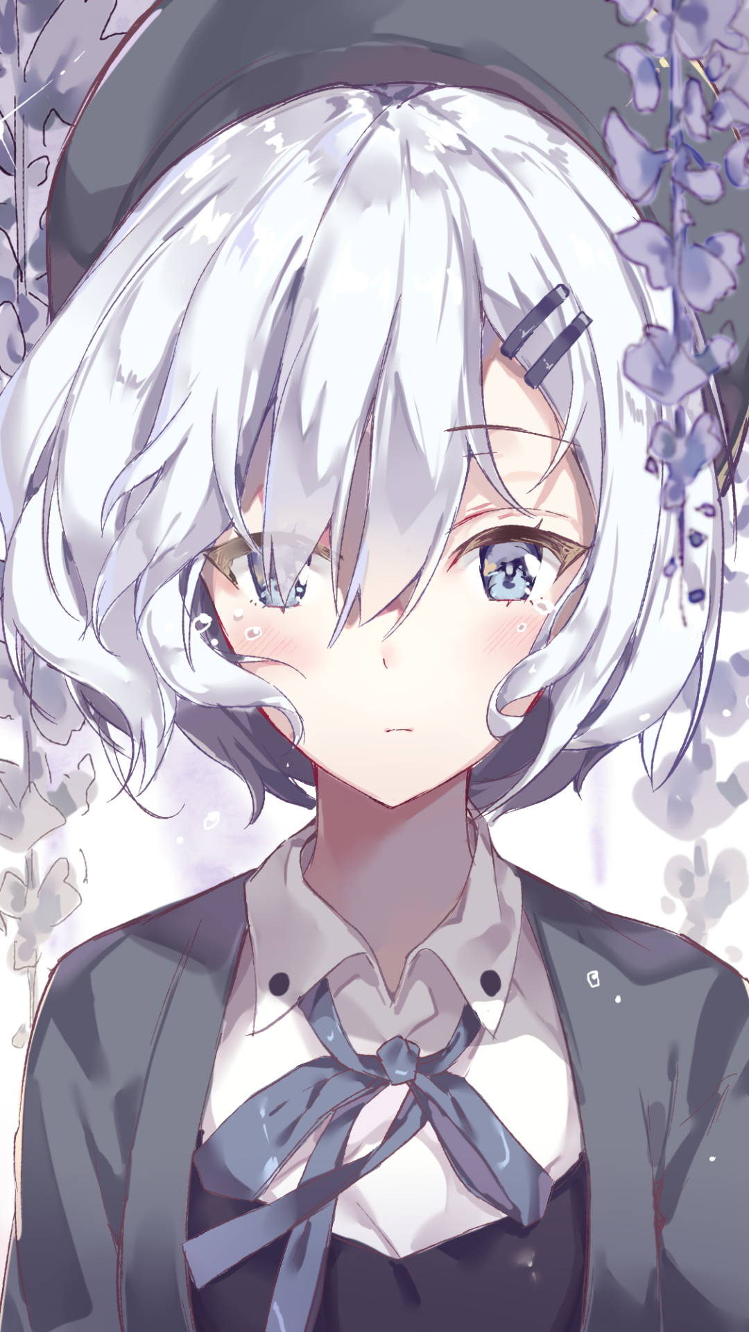 Anime girl with short white hair, white eyes, and tears, wearing a hat and dark outfit, set against a floral background; designed as a phone wallpaper for iPhone and Android.