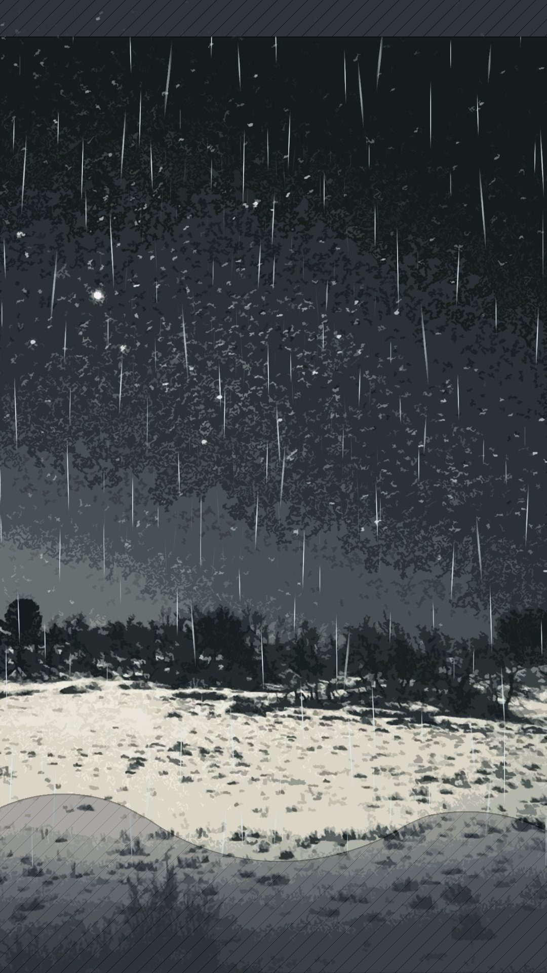 Dark, artistic winter night phone wallpaper: snowy field and silhouetted trees beneath streaking snow and a star-speckled night sky.