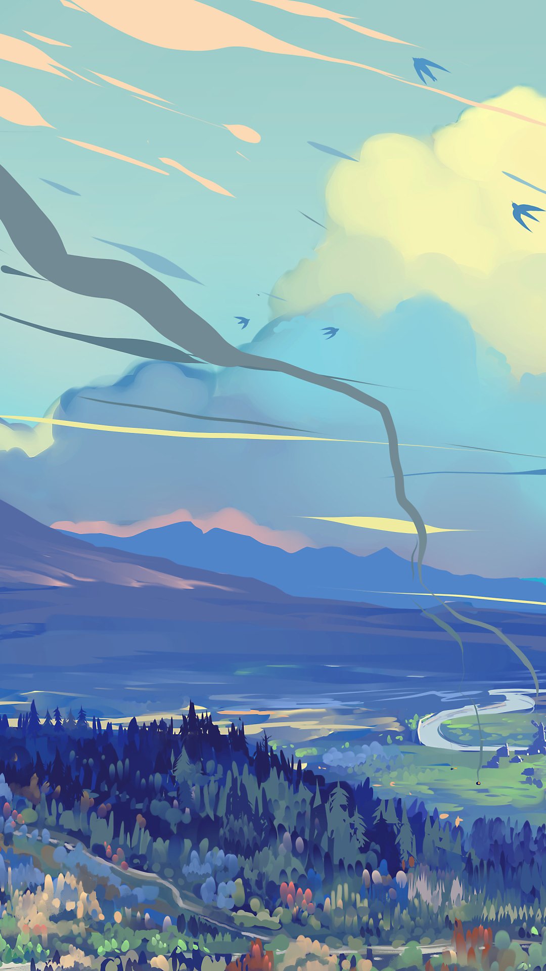 Artistic phone wallpaper featuring a vibrant forest landscape under a dynamic sky with clouds and birds, blending nature’s beauty for iPhone and Android screens.