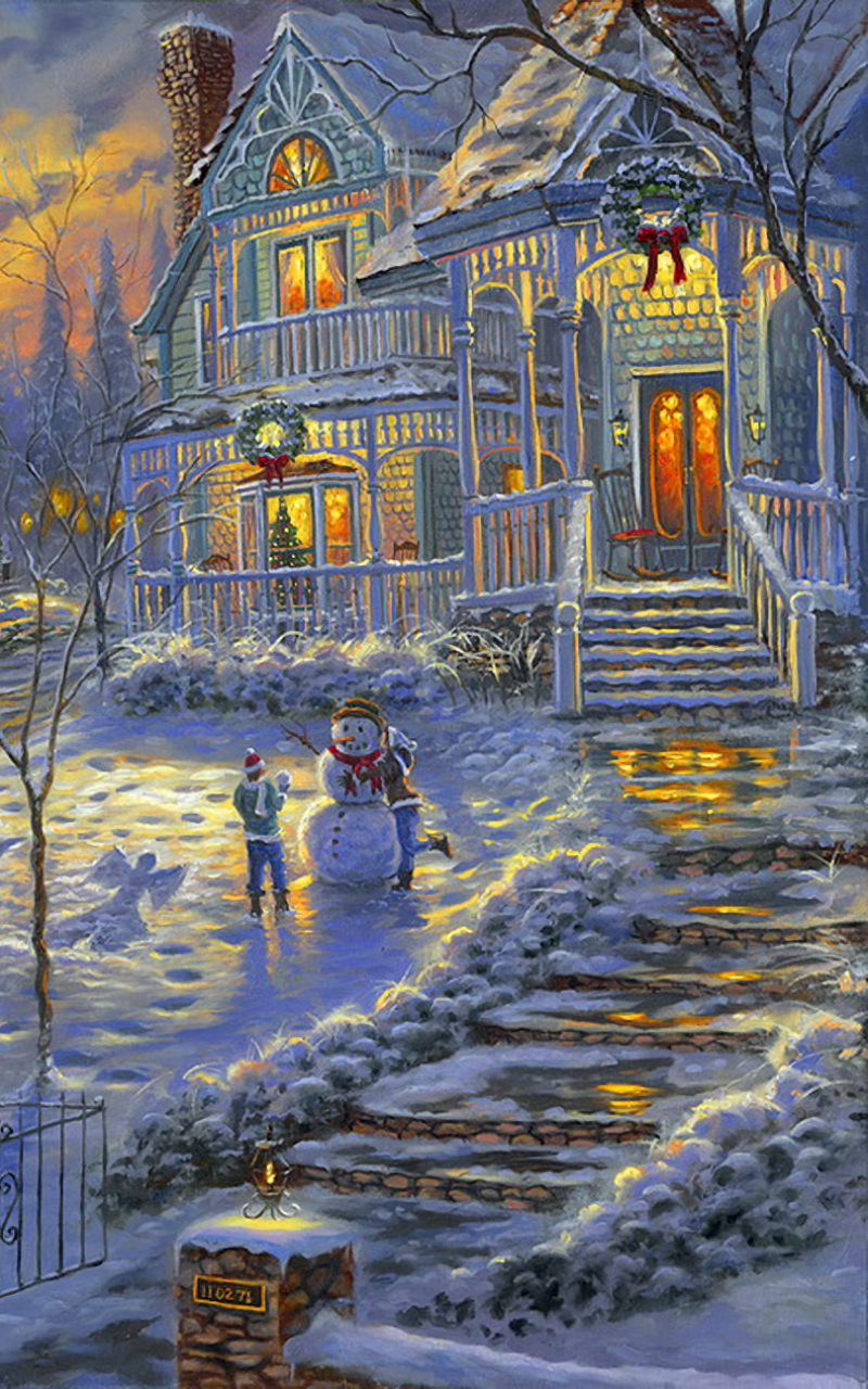 Artistic winter painting phone wallpaper of a Victorian house at Christmas: snow-covered yard, glowing wreaths and lights, a child and snowman by the stepped path to a warmly lit doorway.