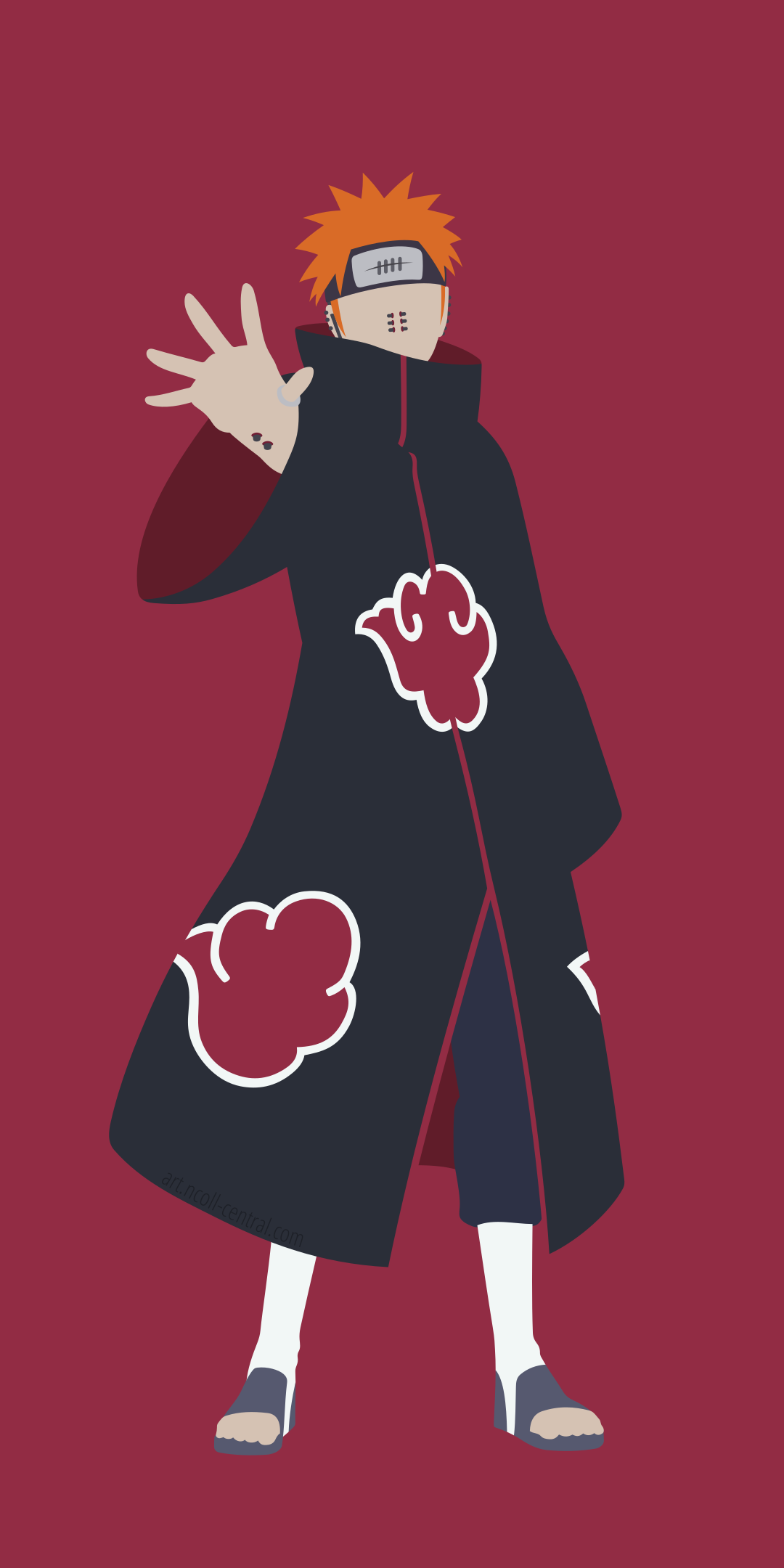 Phone wallpaper of Pain (Naruto) from the anime Naruto, in Akatsuki cloak with orange hair and outstretched hand against a solid maroon background.