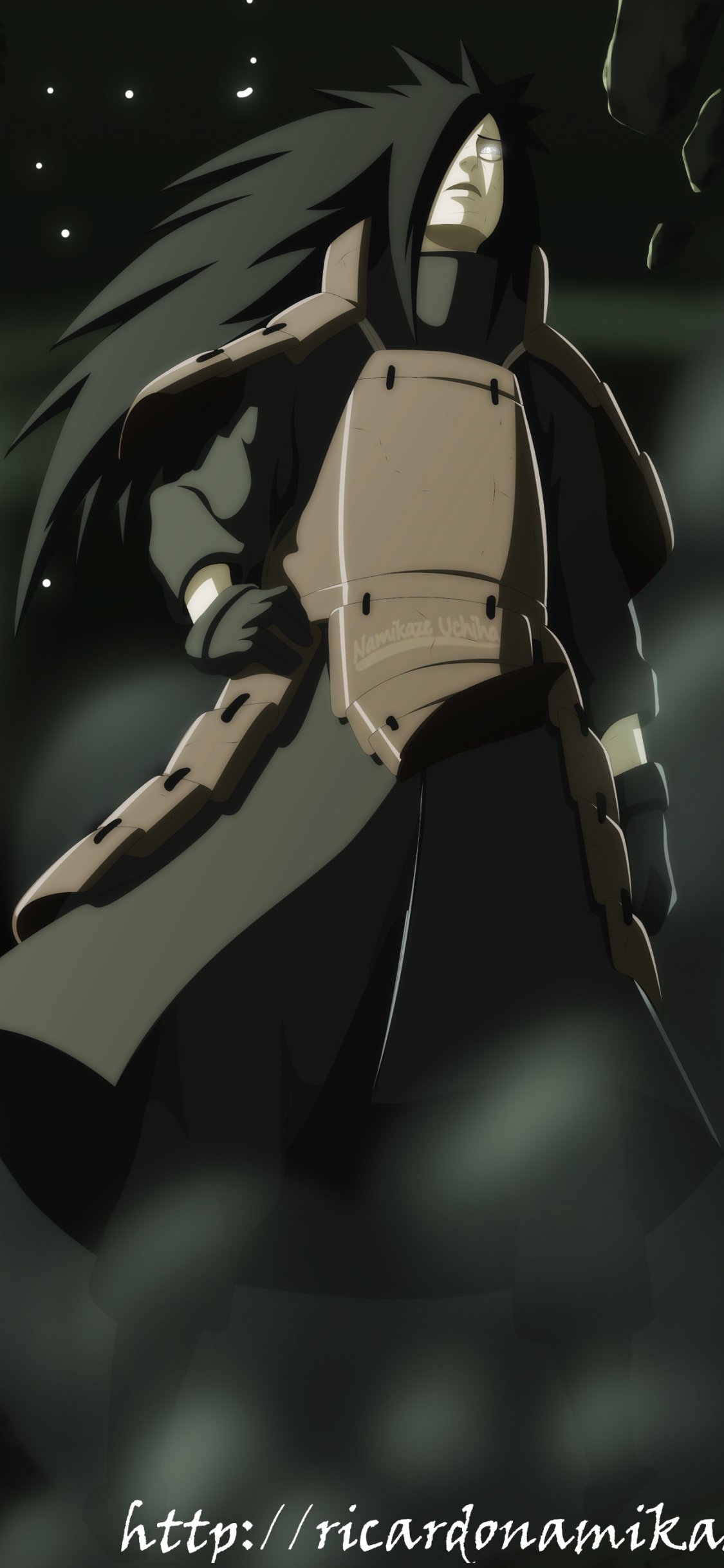 Anime-style phone wallpaper featuring Madara Uchiha from Naruto, showcasing his dark attire and intense expression, designed for iPhone and Android displays.