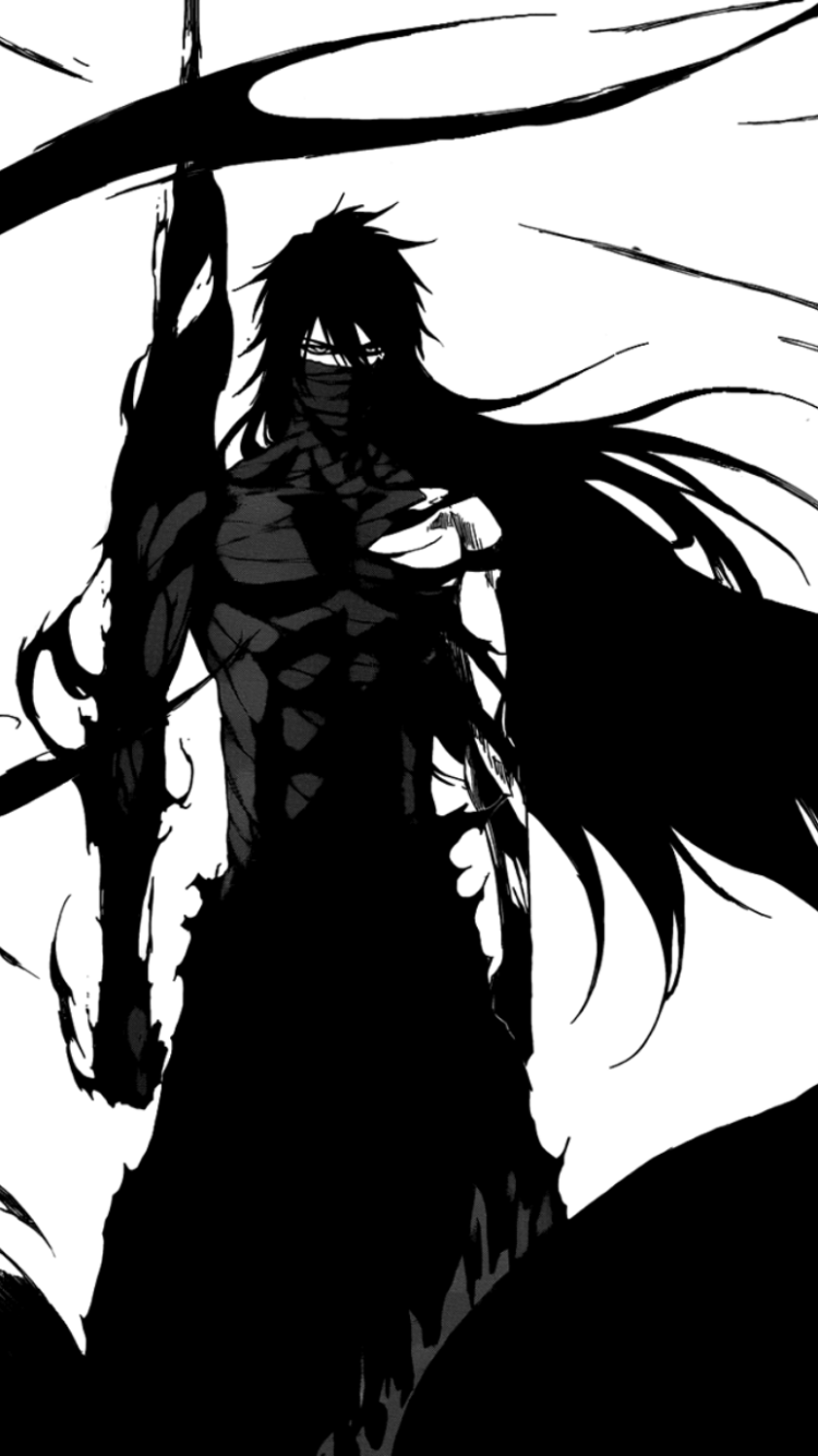 Phone wallpaper showing Ichigo Kurosaki in Bankai: stark black-and-white silhouette with long black hair, flowing cloak and raised sword.
