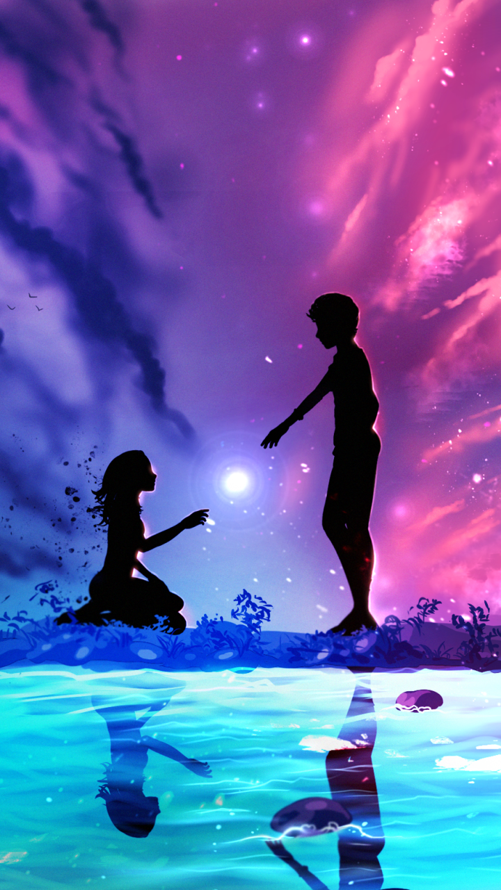 Original anime phone wallpaper: an anime couple silhouetted by radiant sunshine and a purple-pink sky, reaching hands above reflective water.