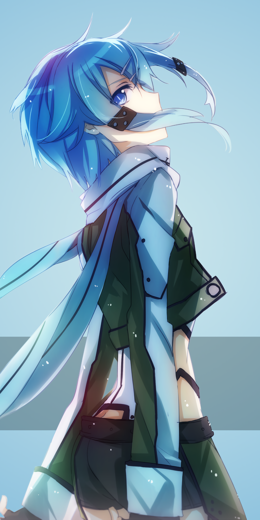 Phone wallpaper featuring Shino Asada from Sword Art Online II with blue hair and futuristic outfit against a clear sky, designed for both iPhone and Android devices.