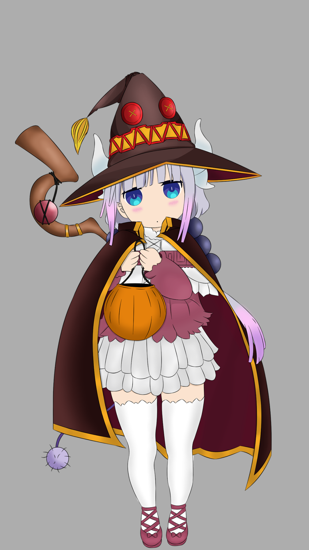 Phone wallpaper: Halloween anime crossover — Kanna Kamui in a Kono Subarashii Sekai ni Shukufuku wo! witch costume, holding a pumpkin trick-or-treat bag.