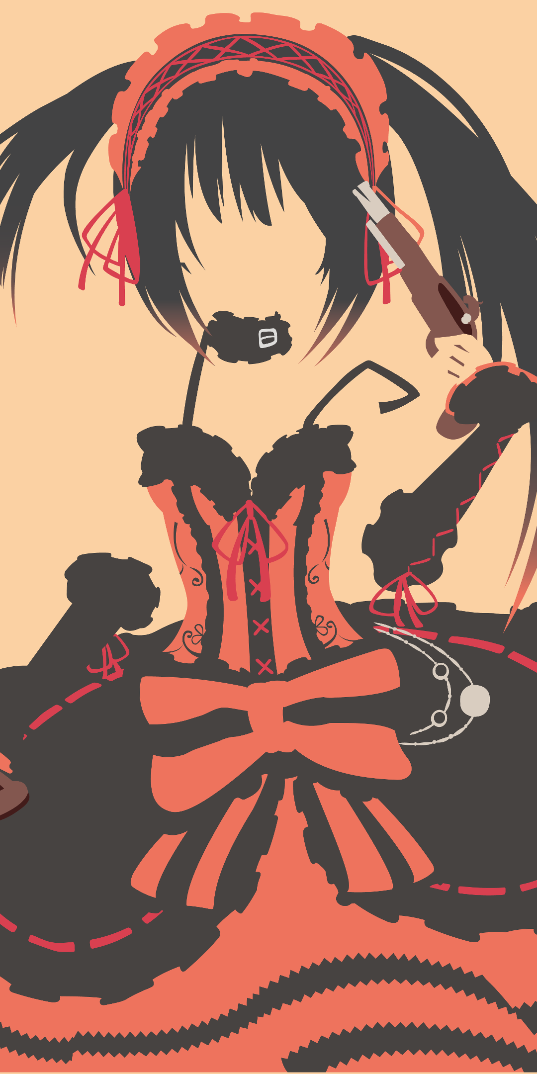 Minimalist anime phone wallpaper of Kurumi Tokisaki (Date A Live): faceless red-and-black Gothic Lolita silhouette with twin tails, pistol and clock motif.