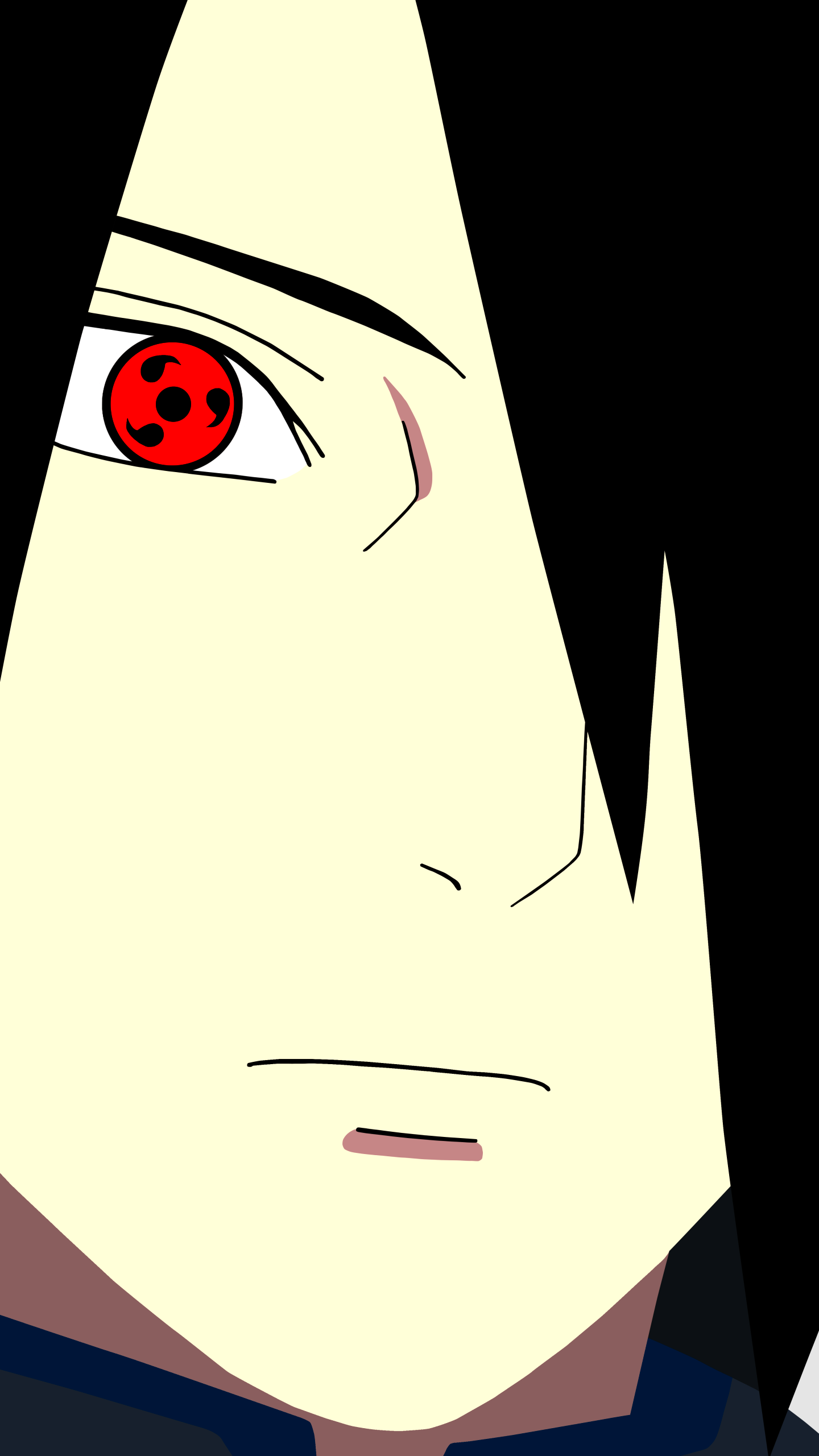 Minimalist phone wallpaper of Sasuke Uchiha from Naruto: close-up of pale face, black hair and a red Sharingan eye in minimalist anime style.