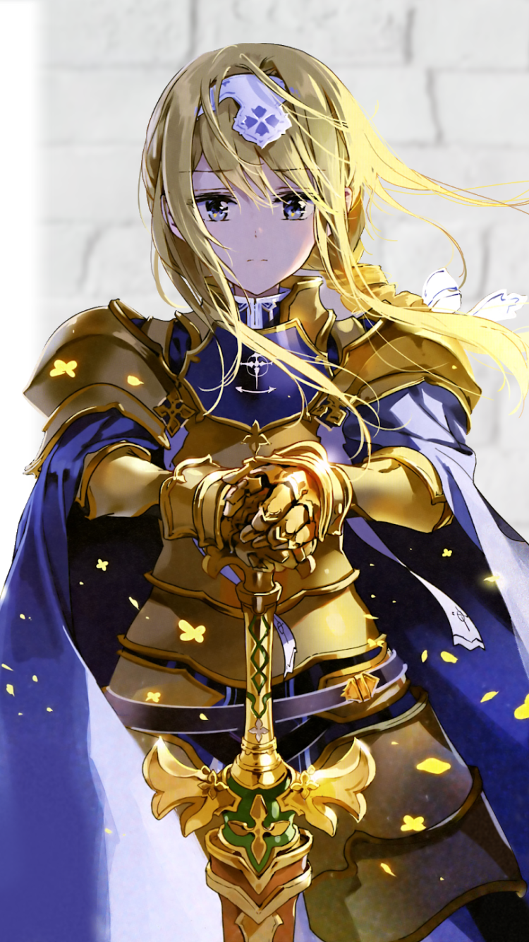 Anime wallpaper featuring Alice Zuberg from Sword Art Online: Alicization, with long blonde hair, detailed armor, and a glowing sword, designed for phone screens.