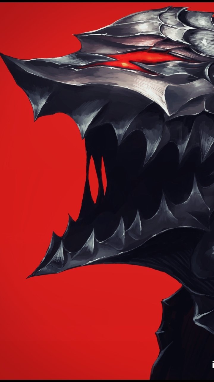 Phone wallpaper featuring Guts (Berserk) in his berserker armor—jagged black helmet with glowing red eye and open maw, anime art from Berserk (2016) on a blood-red background.