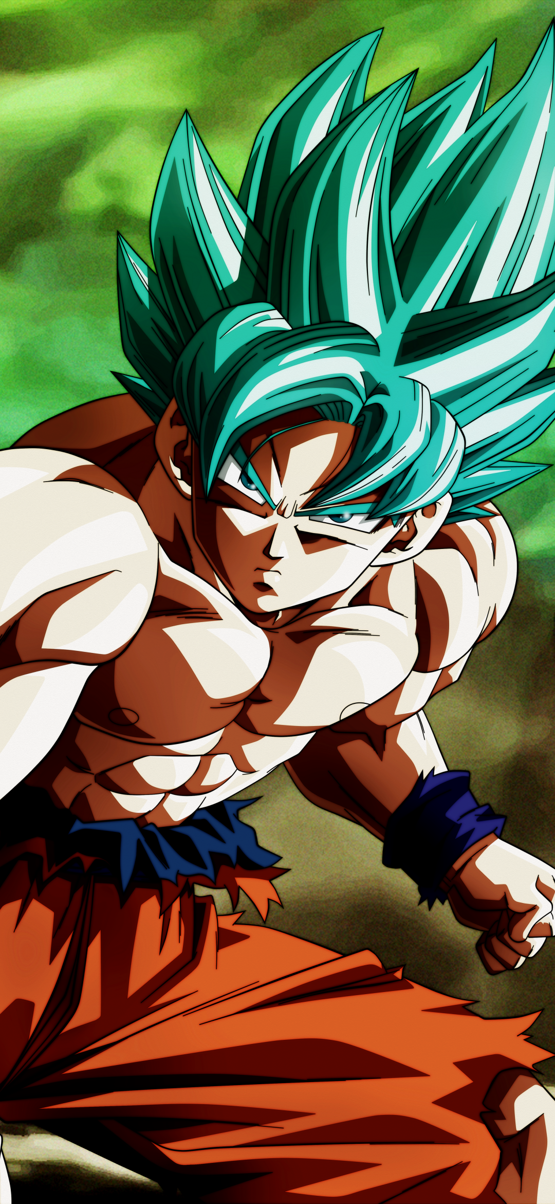 Phone wallpaper featuring Goku from Dragon Ball Super with striking teal hair and intense expression, designed for use on both iPhones and Android devices.