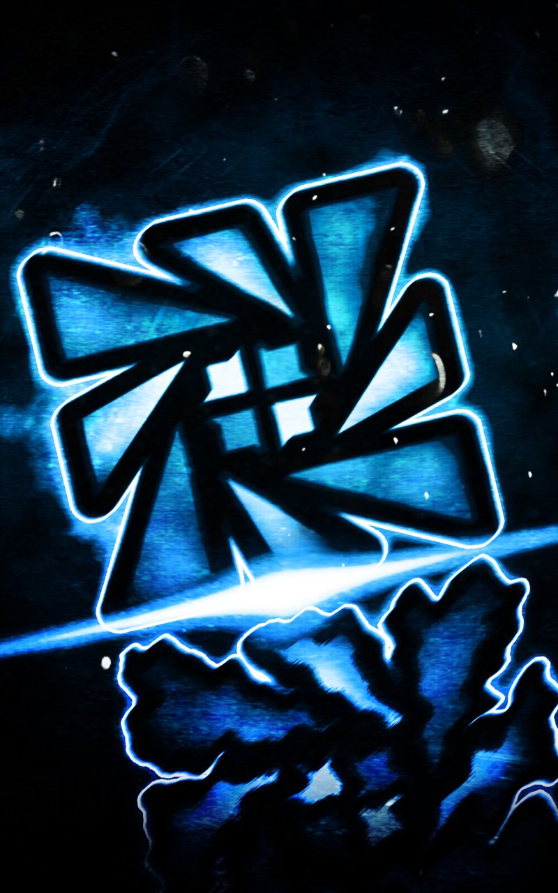 Phone wallpaper featuring a glowing blue Geometry Dash icon with electric effects on a dark background, compatible with iPhones and Android devices.