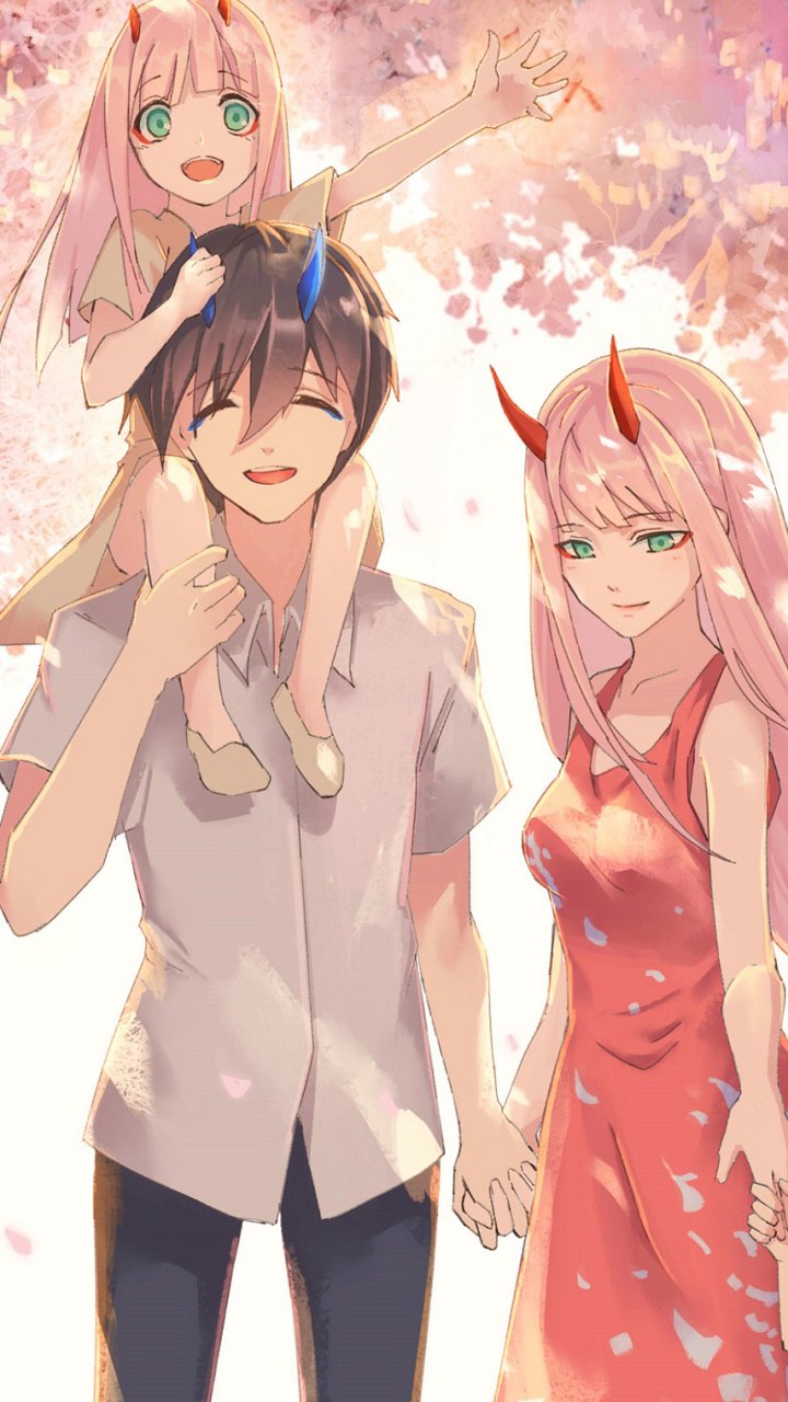 Phone wallpaper of Hiro carrying a smiling child on his shoulders while holding hands with Zero Two, anime Darling in the FranXX scene amid falling cherry blossoms.