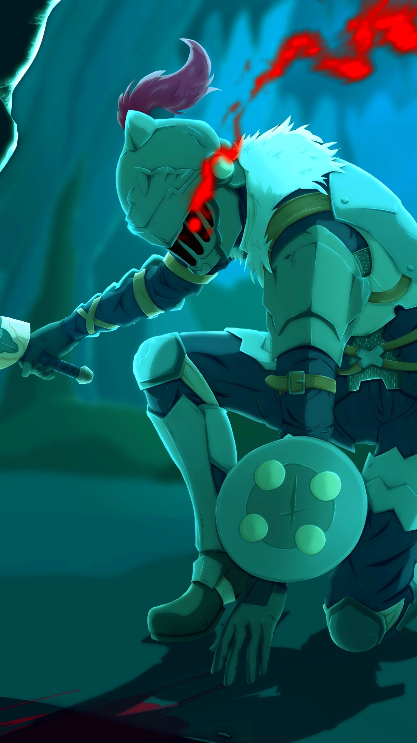 Anime-style Goblin Slayer character kneels in armor with glowing red eyes, set against a dark, eerie forest backdrop; designed as a phone wallpaper for iPhone and Android.