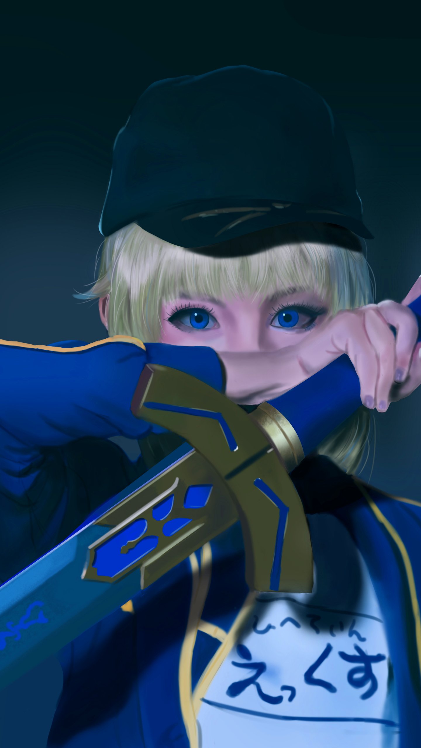 Phone wallpaper of Saber (Fate Series) from Fate/Grand Order: blonde anime heroine in a cap, intense blue eyes peering over a navy-and-gold sword hilt.
