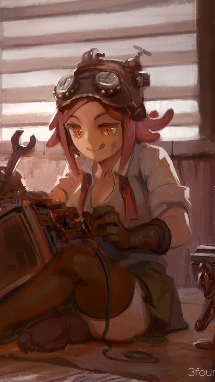 My Hero Academia anime phone wallpaper: pink-haired girl with goggles tinkering on a gadget in a warm, cozy workshop — iPhone and Android wallpaper.