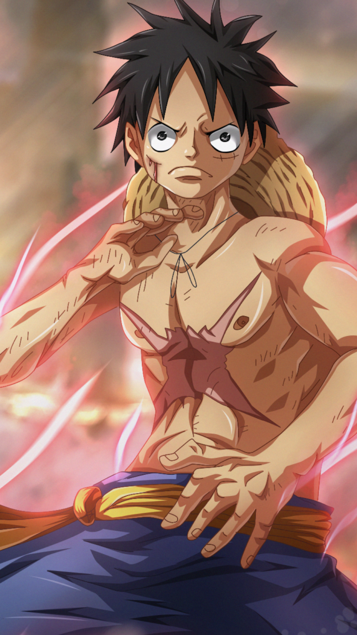 Vertical phone wallpaper of Monkey D. Luffy (One Piece), shirtless with an X-shaped chest scar and straw hat on his back, fists raised in a battle-ready pose amid a glowing, fiery aura.