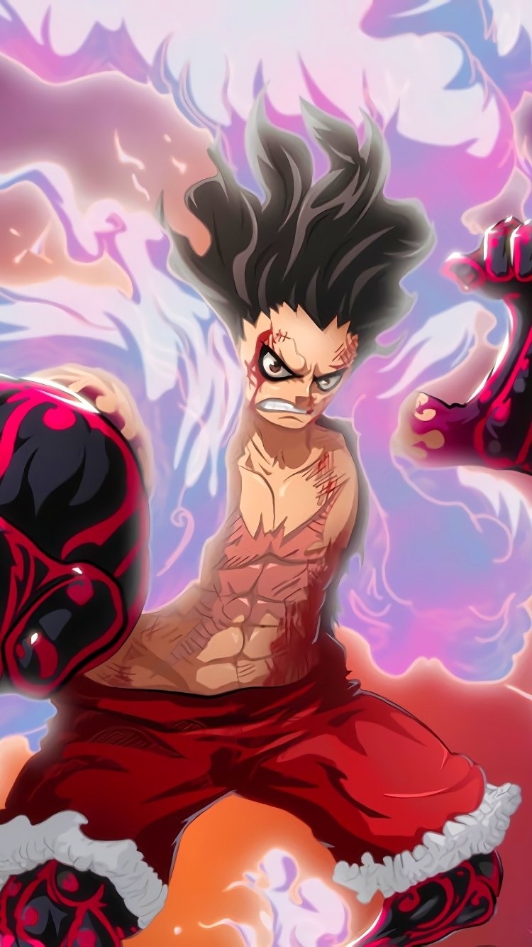 Phone wallpaper of angry Monkey D. Luffy in Gear Fourth from One Piece, roaring with fiery aura and expanded fists, for iPhone and Android screens.