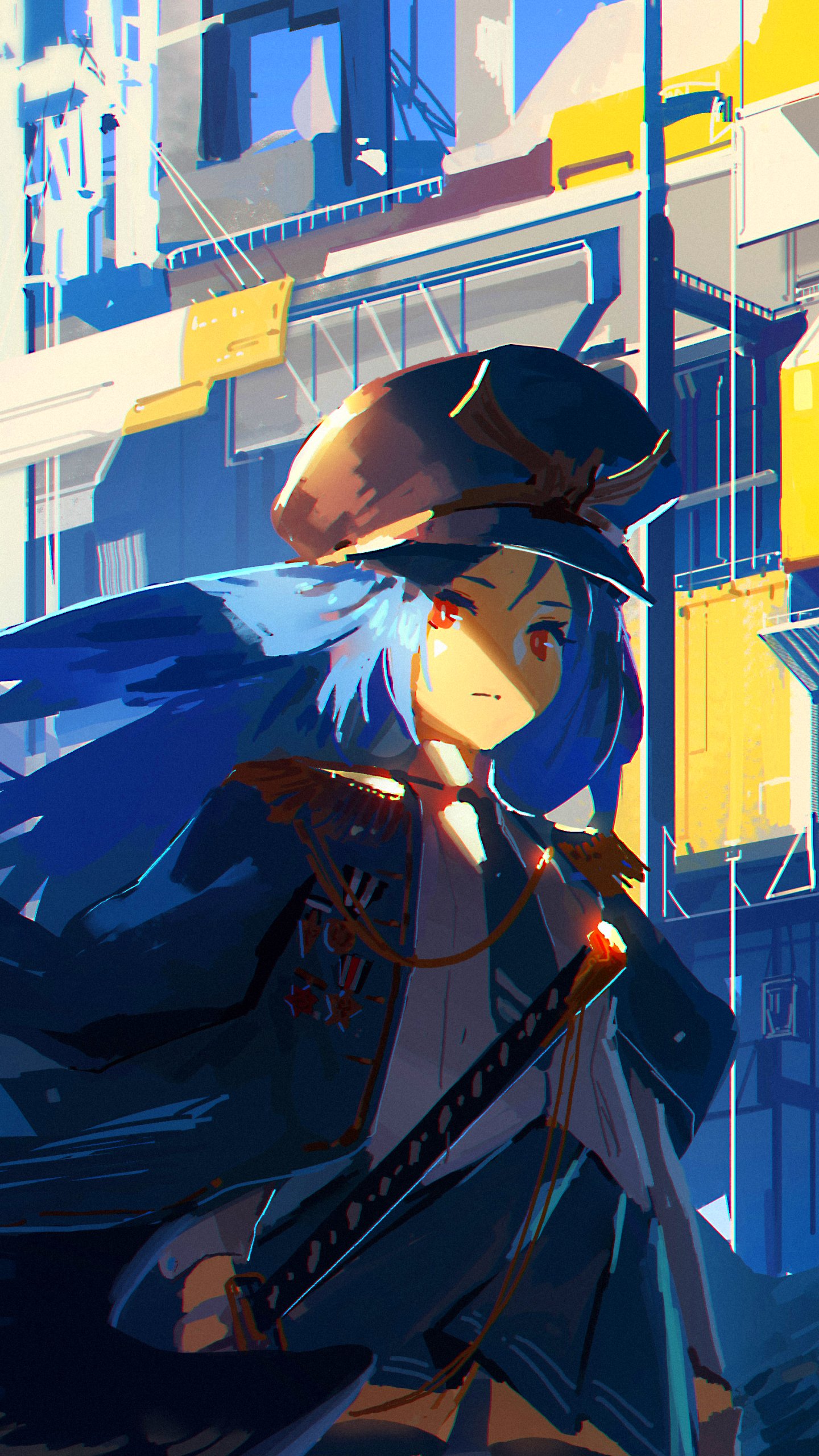 Anime original phone wallpaper: blue-haired character with red eyes and a slouched hat, wearing a cloak and carrying a sword against a sunlit urban backdrop.