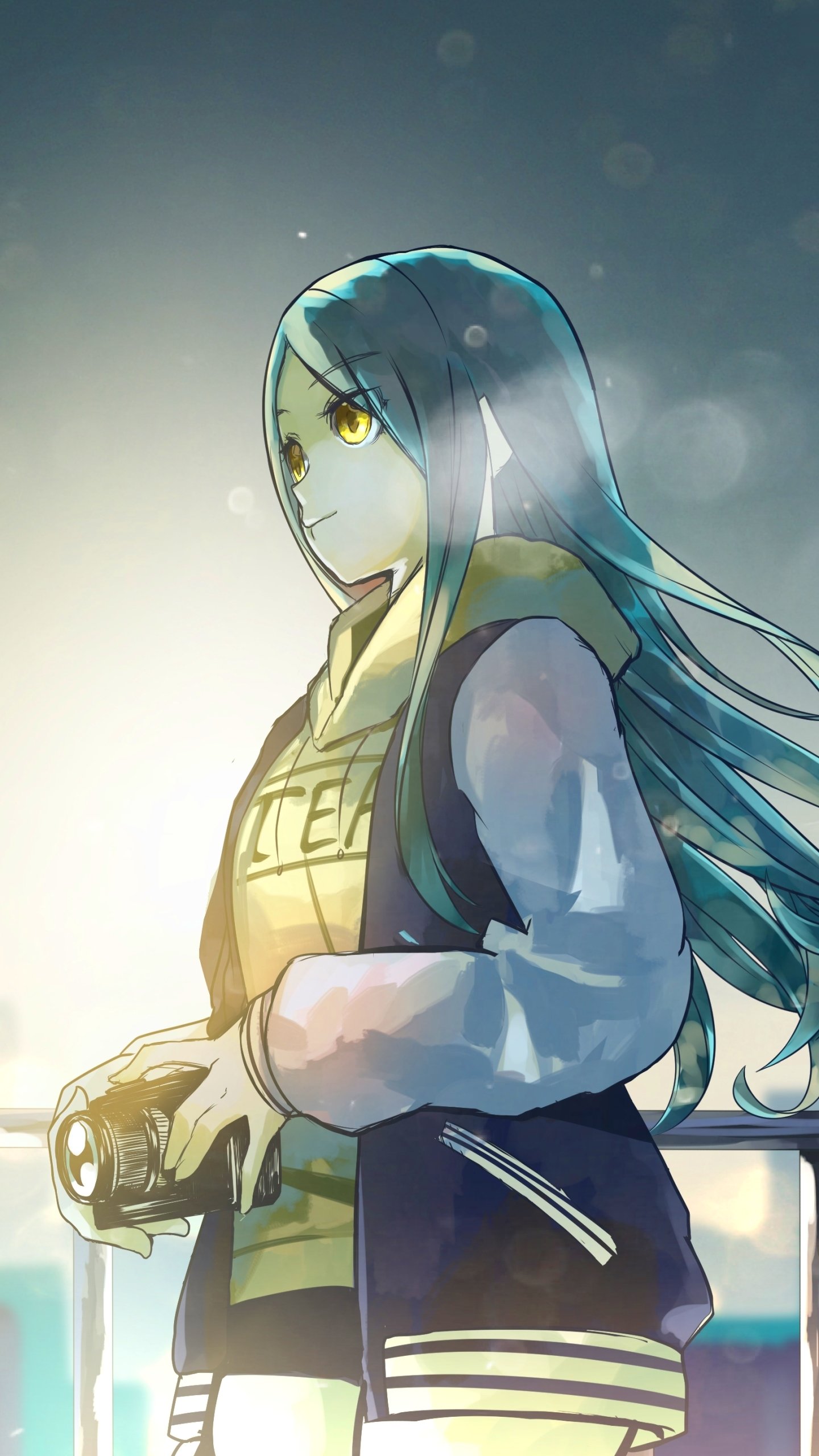 Download Camera Blue Hair Yellow Eyes Anime Original Phone Wallpaper
