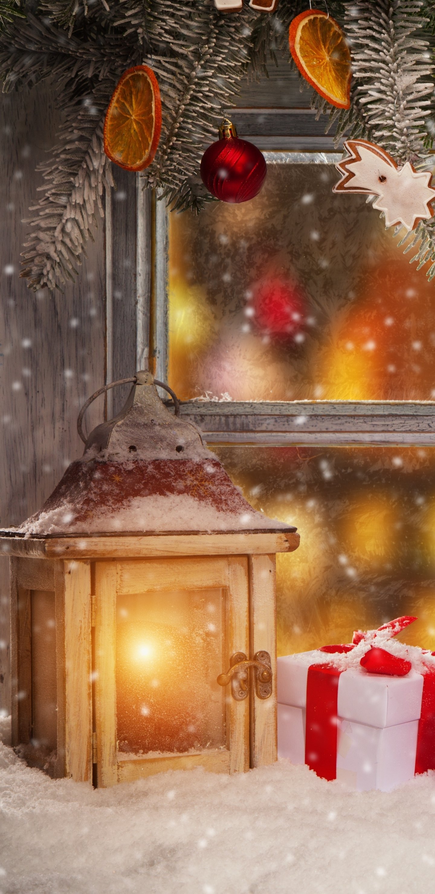 Download Window Lantern Christmas Ornaments Snow Holiday Christmas Phone Wallpaper