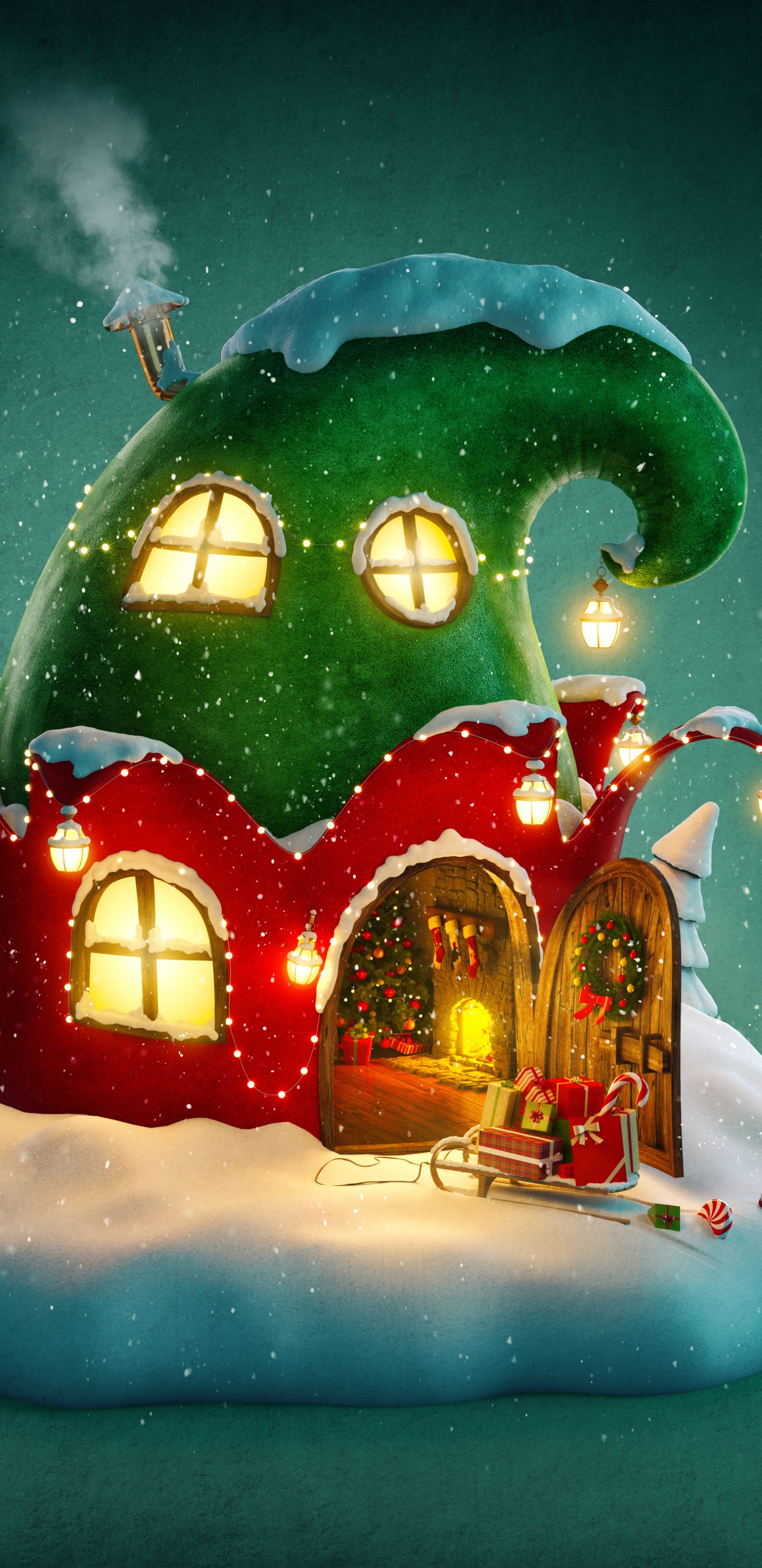 Christmas holiday phone wallpaper of a whimsical snow‑capped house shaped like a green hat with glowing windows, tree-lit doorway, sleigh and string lights; fits iPhone and Android.