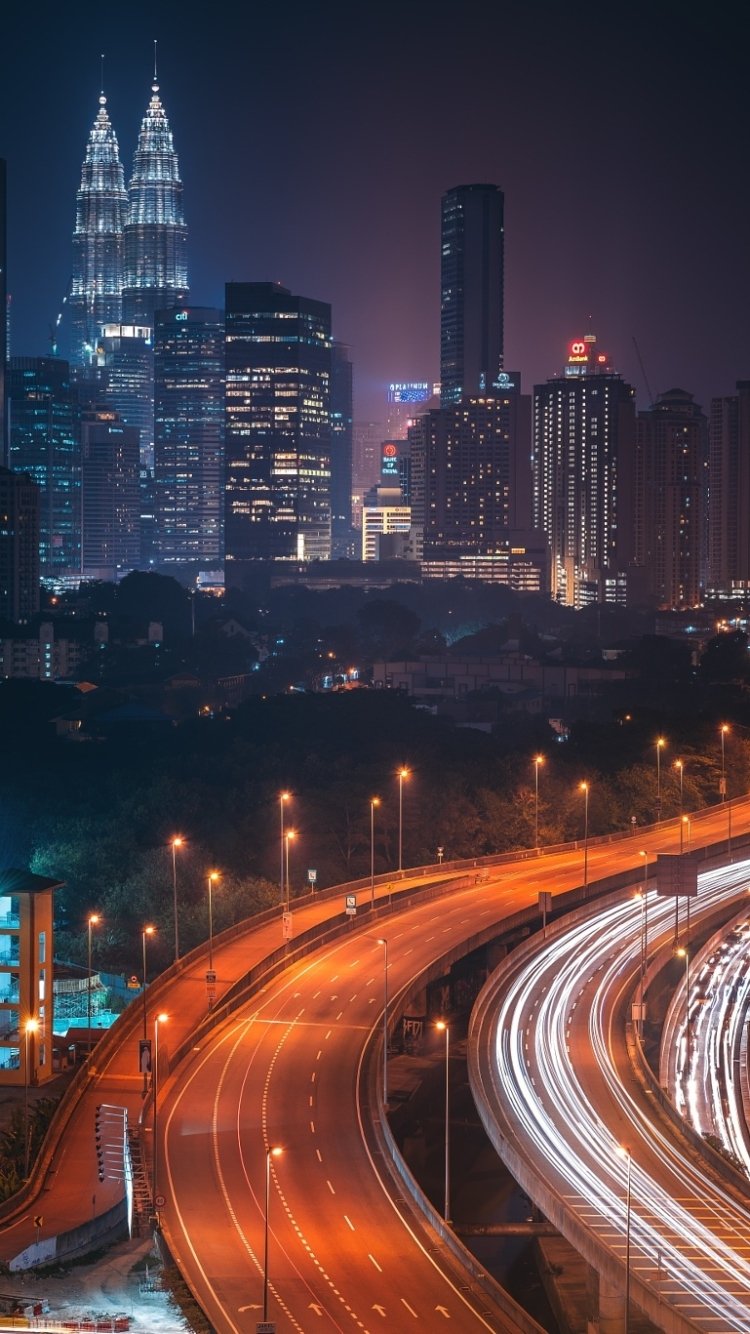Download Skyscraper Building Light Time Lapse Highway Cityscape Night City Malaysia Man Made Kuala Lumpur Phone Wallpaper