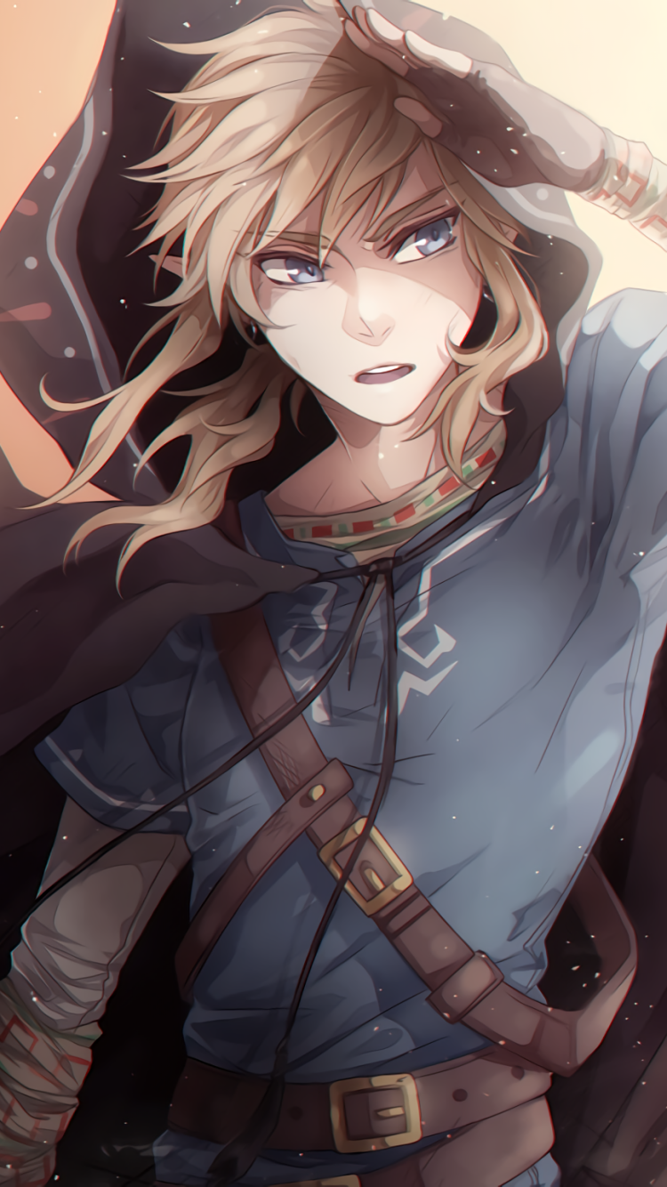 Phone wallpaper portrait of Link from The Legend of Zelda: Breath of the Wild — blond-haired hero in a blue tunic and hooded cloak, shading his brow with an intense, determined gaze.