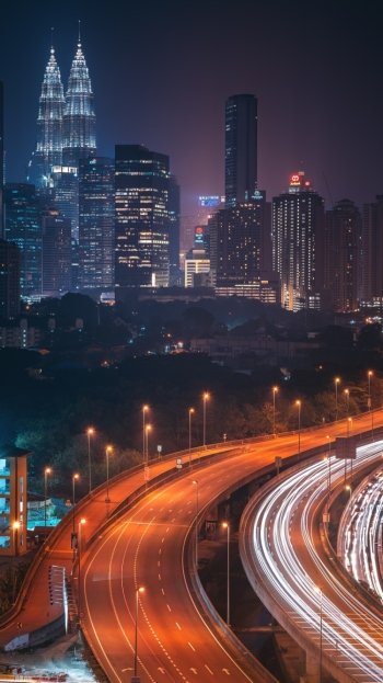 skyscraper building light time lapse highway cityscape night city Malaysia man made Kuala Lumpur Phone Wallpaper