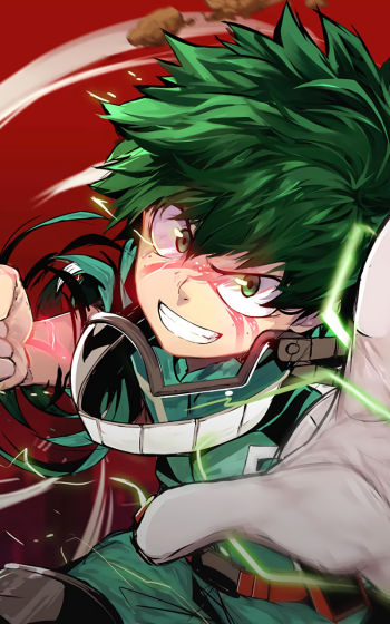 Phone wallpaper: Izuku Midoriya (My Hero Academia anime) lunging forward in his hero costume, green hair, fierce grin and glowing power effects against a red backdrop.