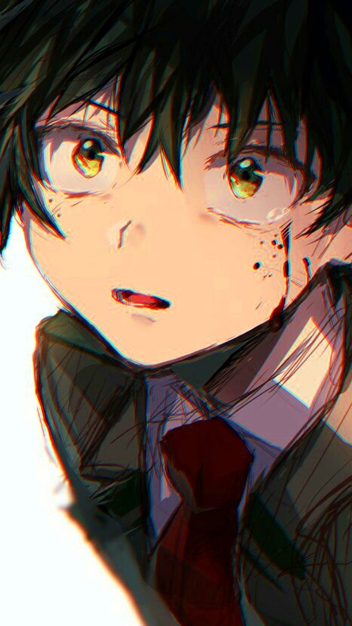 Izuku Midoriya (My Hero Academia) anime phone wallpaper — close-up with messy dark-green hair, shining green eyes, a tear and dirt speck on his cheek, wearing a school uniform and red tie.