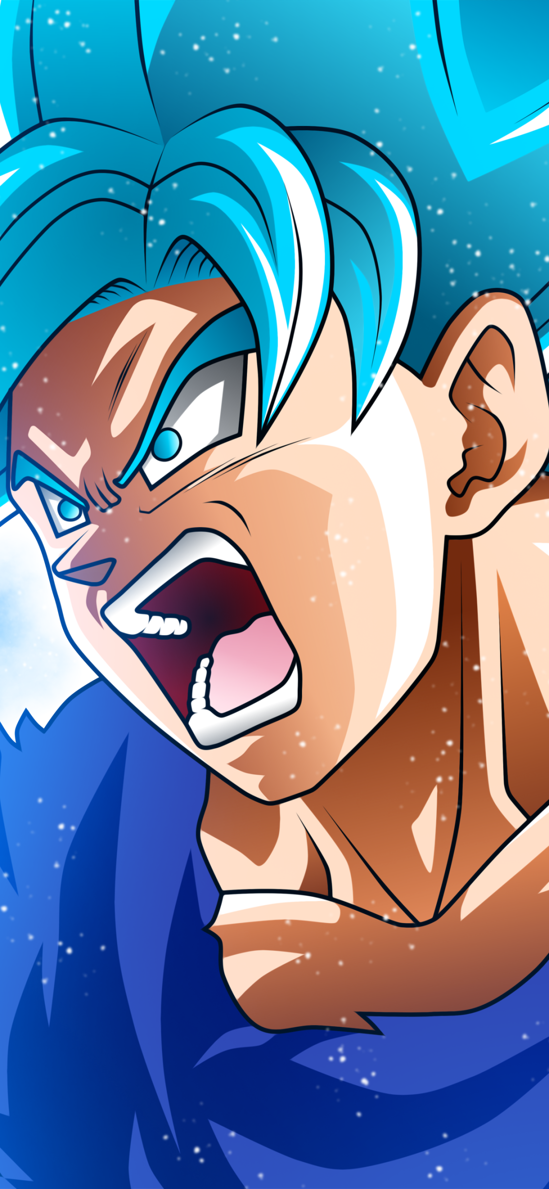 Vibrant anime wallpaper featuring Goku in his blue Super Saiyan form from Dragon Ball Super, designed for seamless display on iPhone and Android phones.