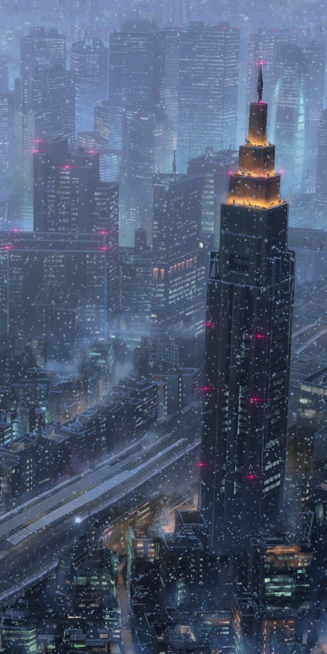 Vertical anime phone wallpaper of Tokyo at night with gentle snowfall, neon-lit skyline and a glowing tower evoking the cinematic mood of Your Name.