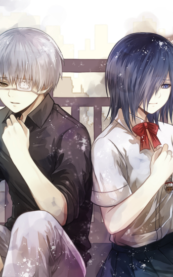 short hair bow (Clothing) eye patch blue eyes blue hair white hair Touka Kirishima Ken Kaneki Anime Tokyo Ghoul Phone Wallpaper