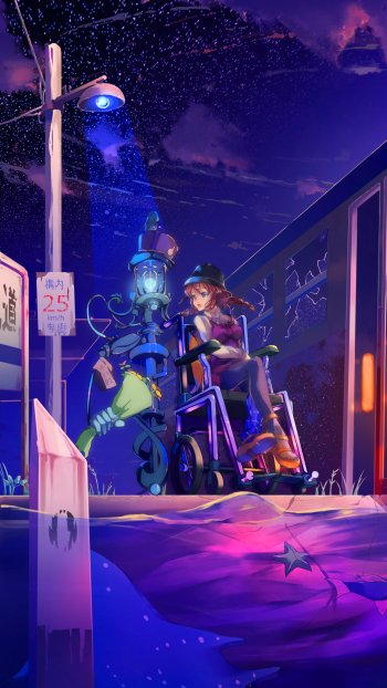 lamp post wheelchair Anime train anime train Phone Wallpaper