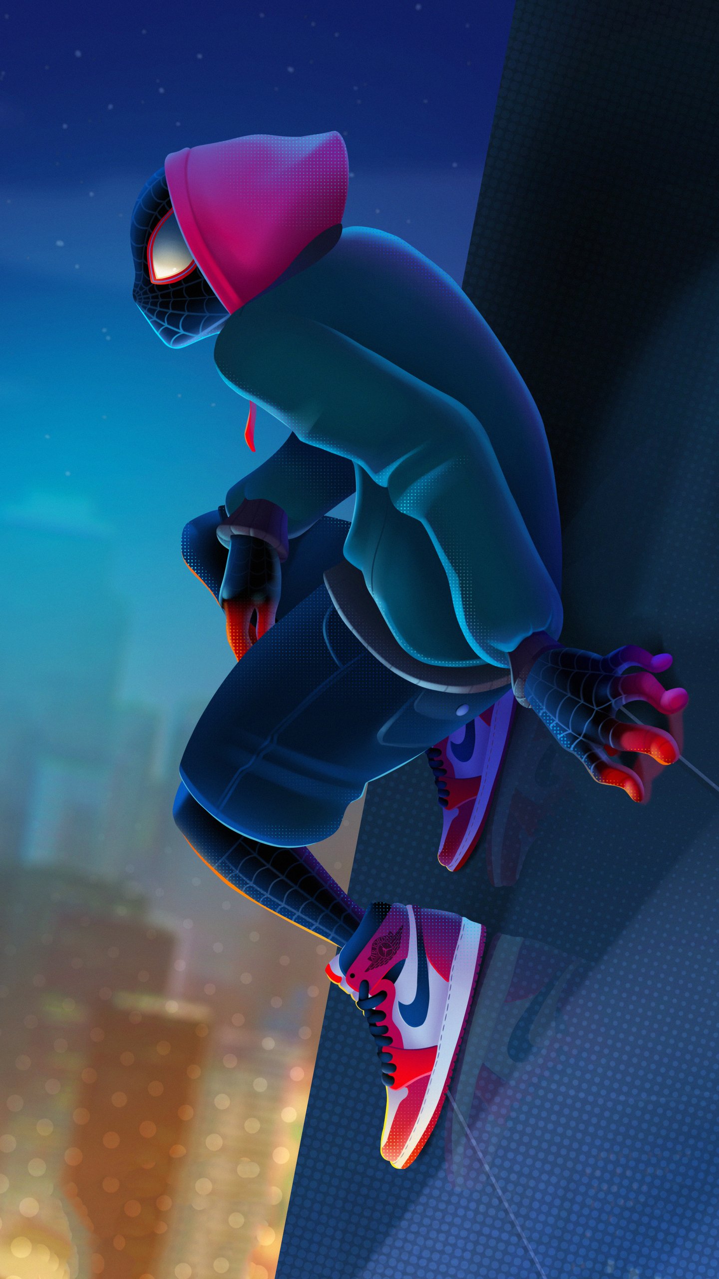 Phone wallpaper of Miles Morales from the movie Spider-Man: Into the Spider-Verse crouching on a rooftop edge at night, neon hoodie and sneakers against a glowing city skyline.