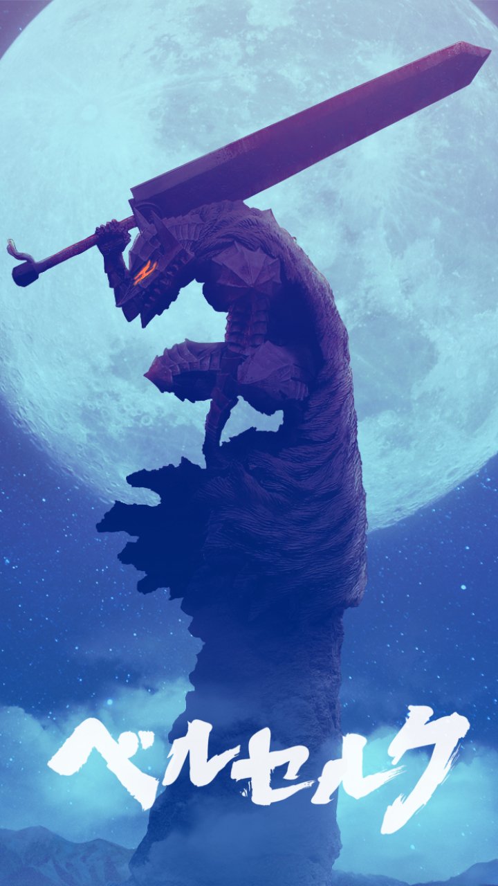 Anime wallpaper featuring Guts from Berserk, a warrior wielding a large sword silhouetted against a glowing full moon, designed for iPhone and Android phones.