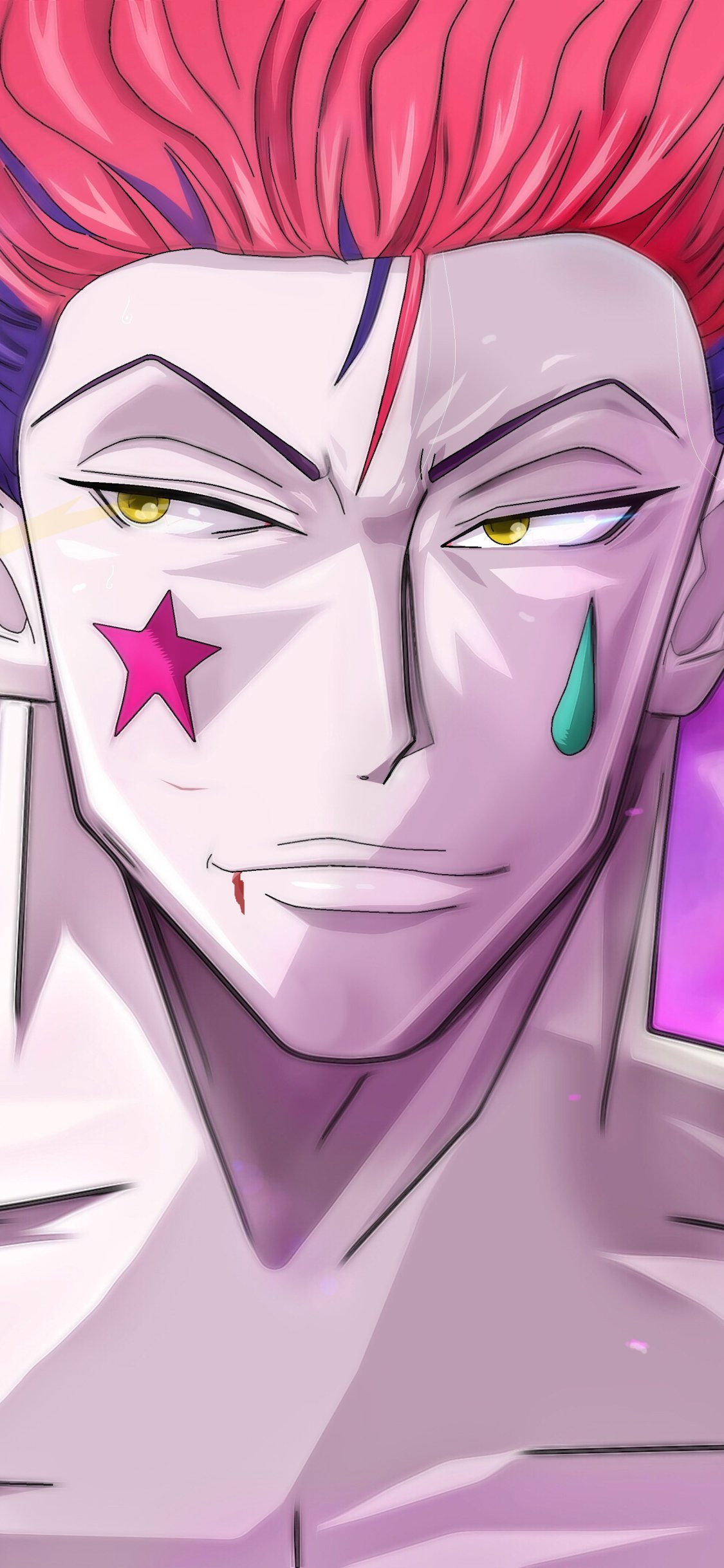 Phone wallpaper close-up of Hisoka from Hunter × Hunter — smirking with pink hair, yellow eyes, star and teardrop face paint on pale skin against a purple background.