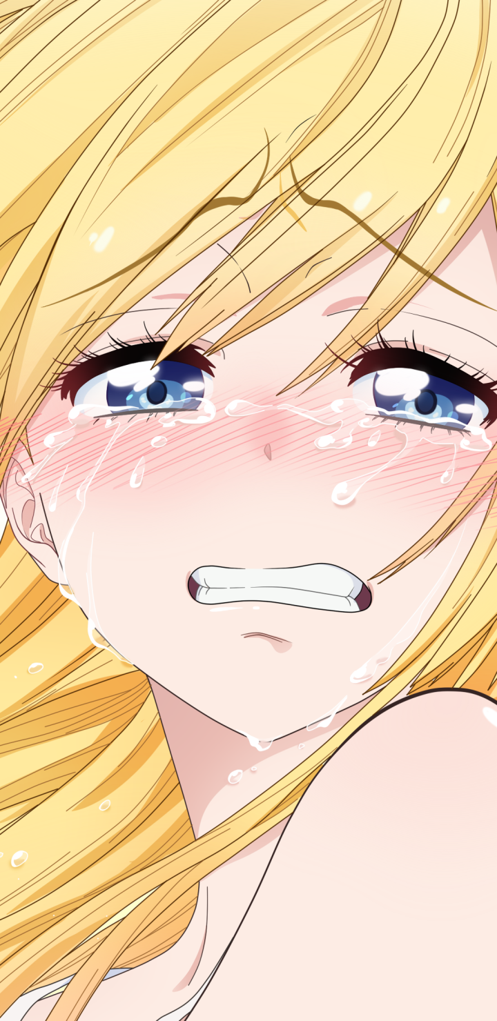 Phone wallpaper of Chitoge Kirisaki (Nisekoi): close-up anime portrait — tearful, flushed cheeks, wet blonde hair and blue eyes, anguished expression.